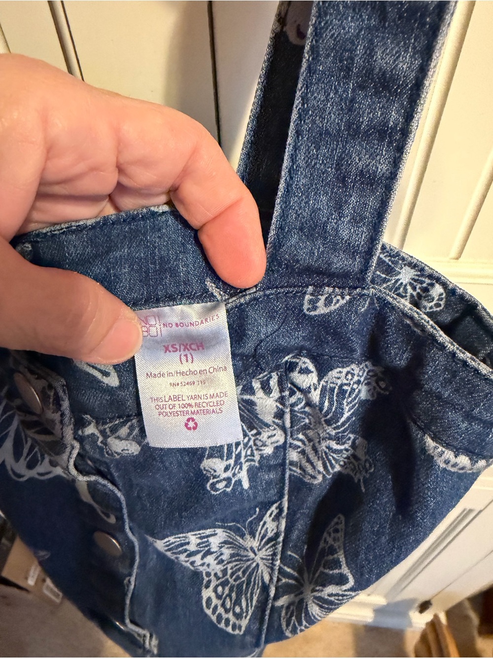 No Boundaries Blue Denim Butterfly Overall Dress - Picture 2 of 3